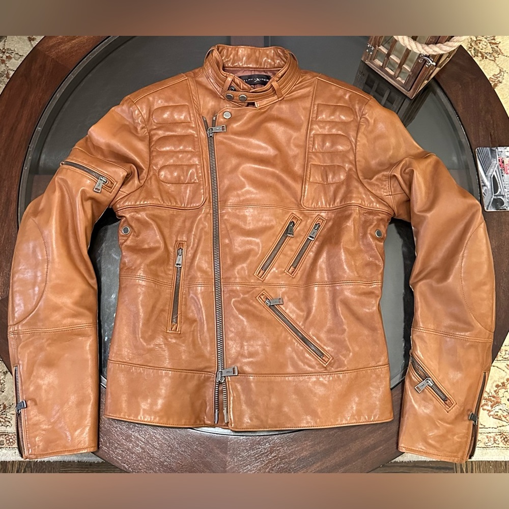 Ralph Lauren Black Label Size Medium Custom Fit Moto Jacket 100% Leather Cognac